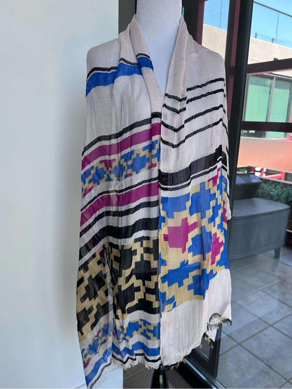 Mi Cream Scarf with Blue, Pink, Black and Tan Pattern